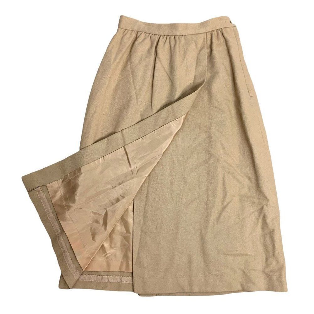 Vintage Faux Wrap Wool Midi Skirt S Brown Pleated Lined Side Button Zipper
